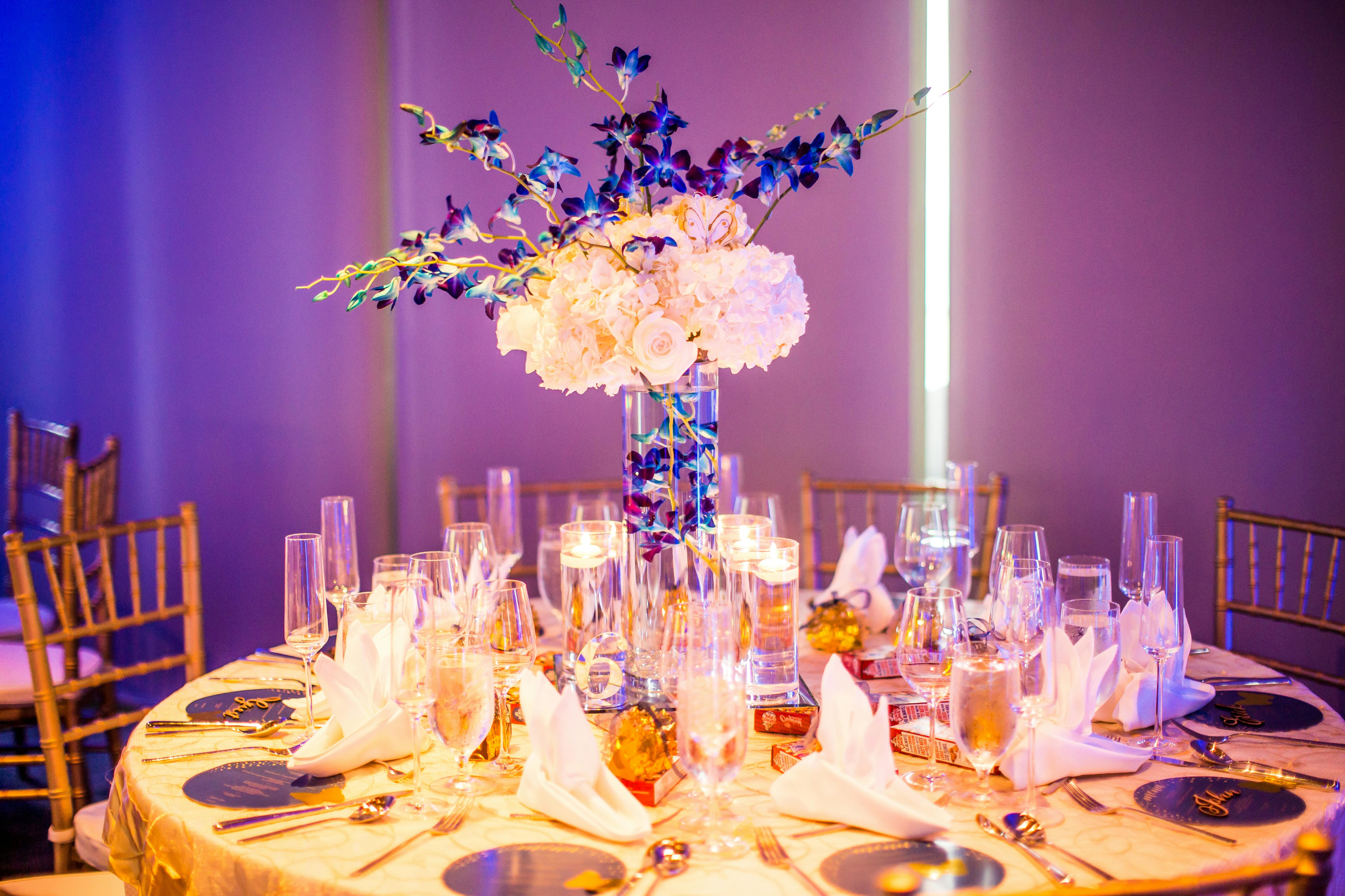 Luxury table setting for dining in pastel colors close up